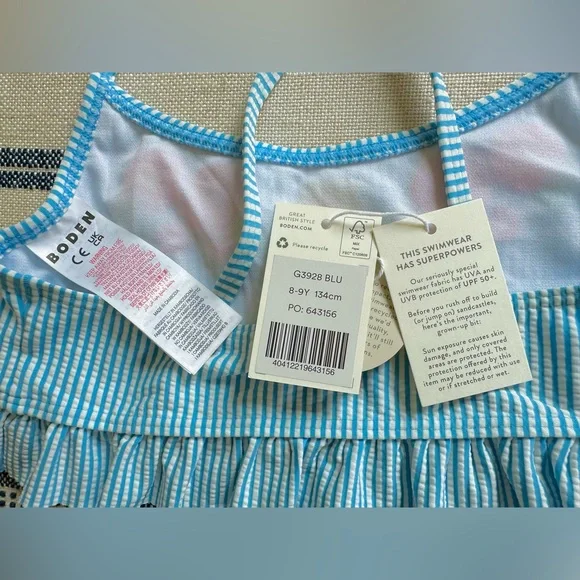 NWT Mini Boden Blue Seersucker Embroidered Frilly Bikini, Size 8-9Y